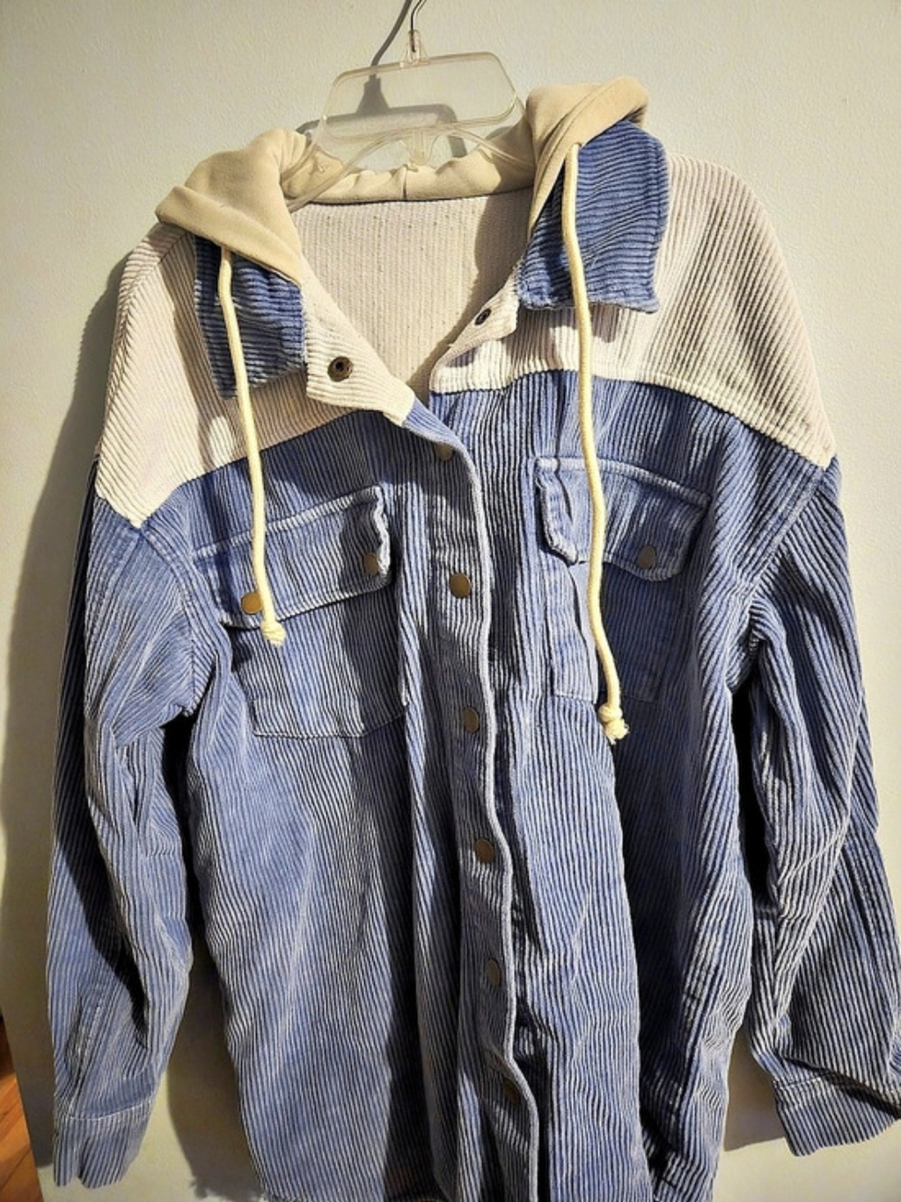 Color Block Striped Hooded Jacket in Blue & Cream